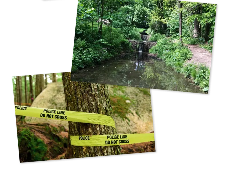 Twee foto's van de Sprengenbeek met politielint om een boom